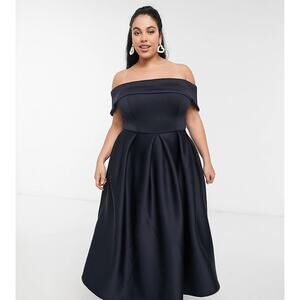 NWT True Violet‎ Folded Bardot Prom Midi Dress Navy Blue UK 22 / US 18